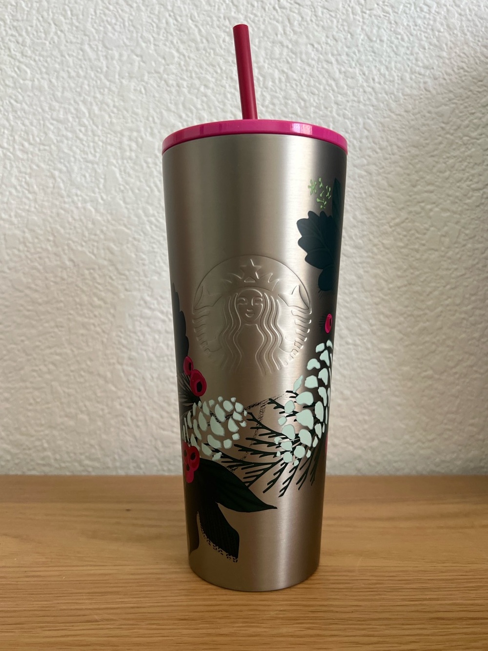 24 fl oz Starbucks Silver Tumbler with Pink and Floral Accents